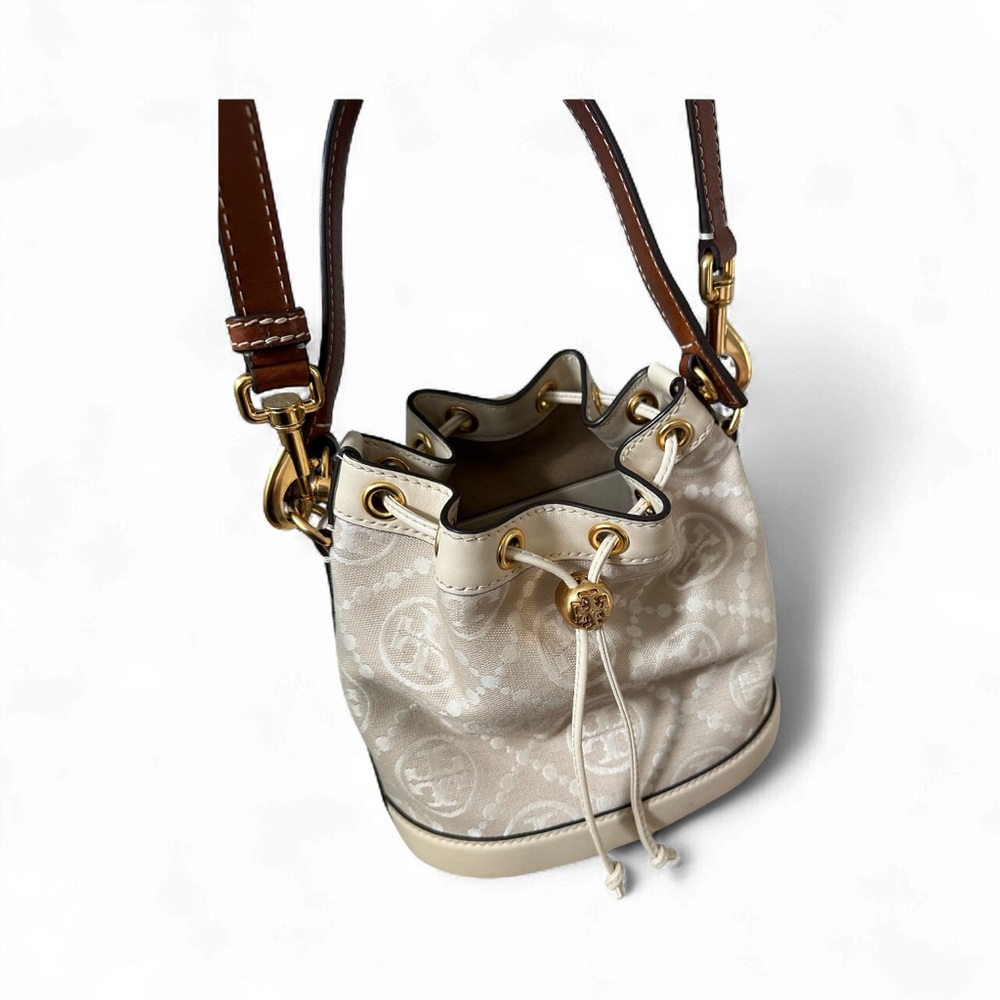 Tory Burch Canvas Cream and Brown Bucket Bag